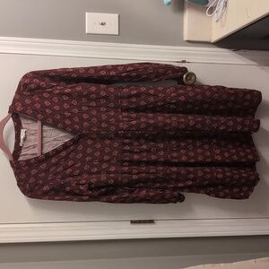 Lucky Brand Burgundy Patterned Tiered Button-Front Long Sleeve Midi Dress Size L